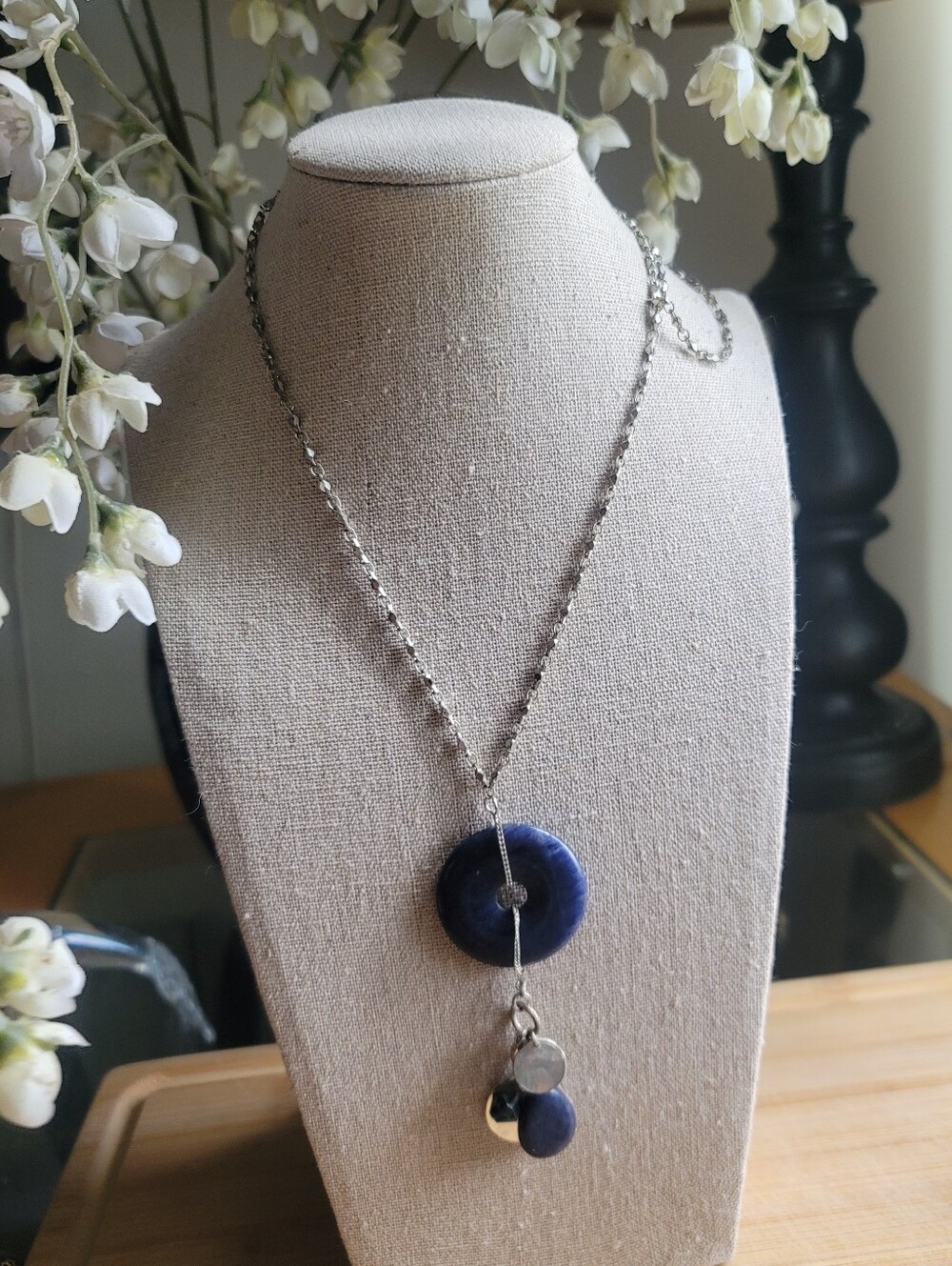 Vintage Silver Necklace with Deep Blue Donut Pendant